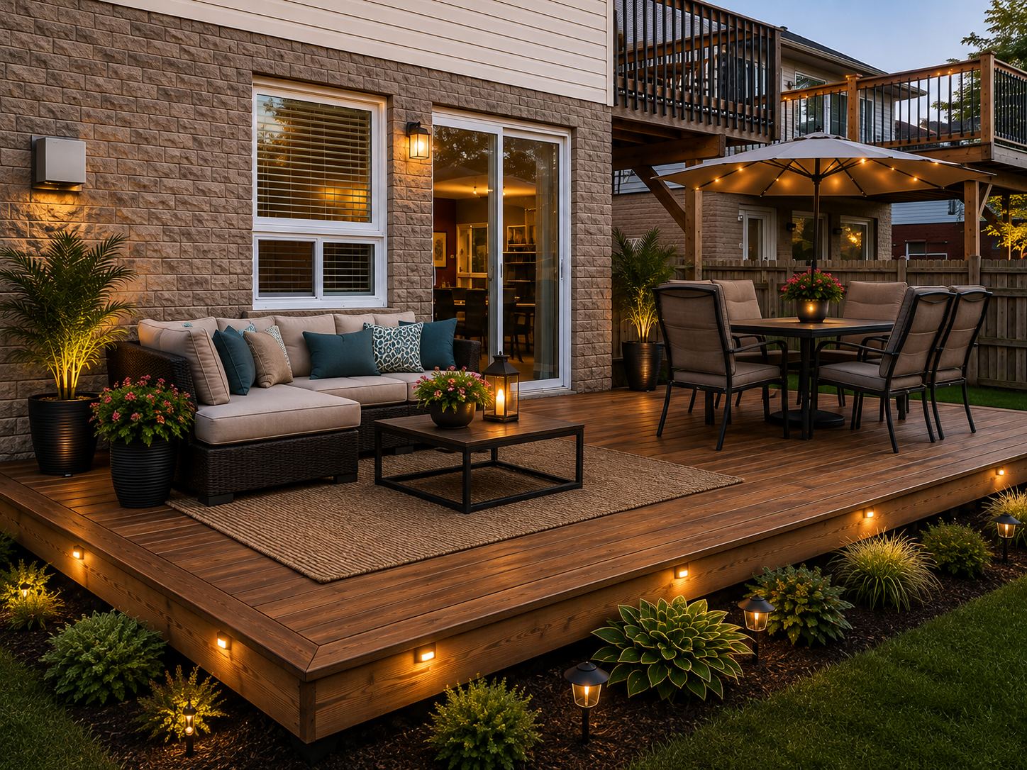 Back deck with lounge seating and step lighting on a Peterborough home, built by JB Renovations