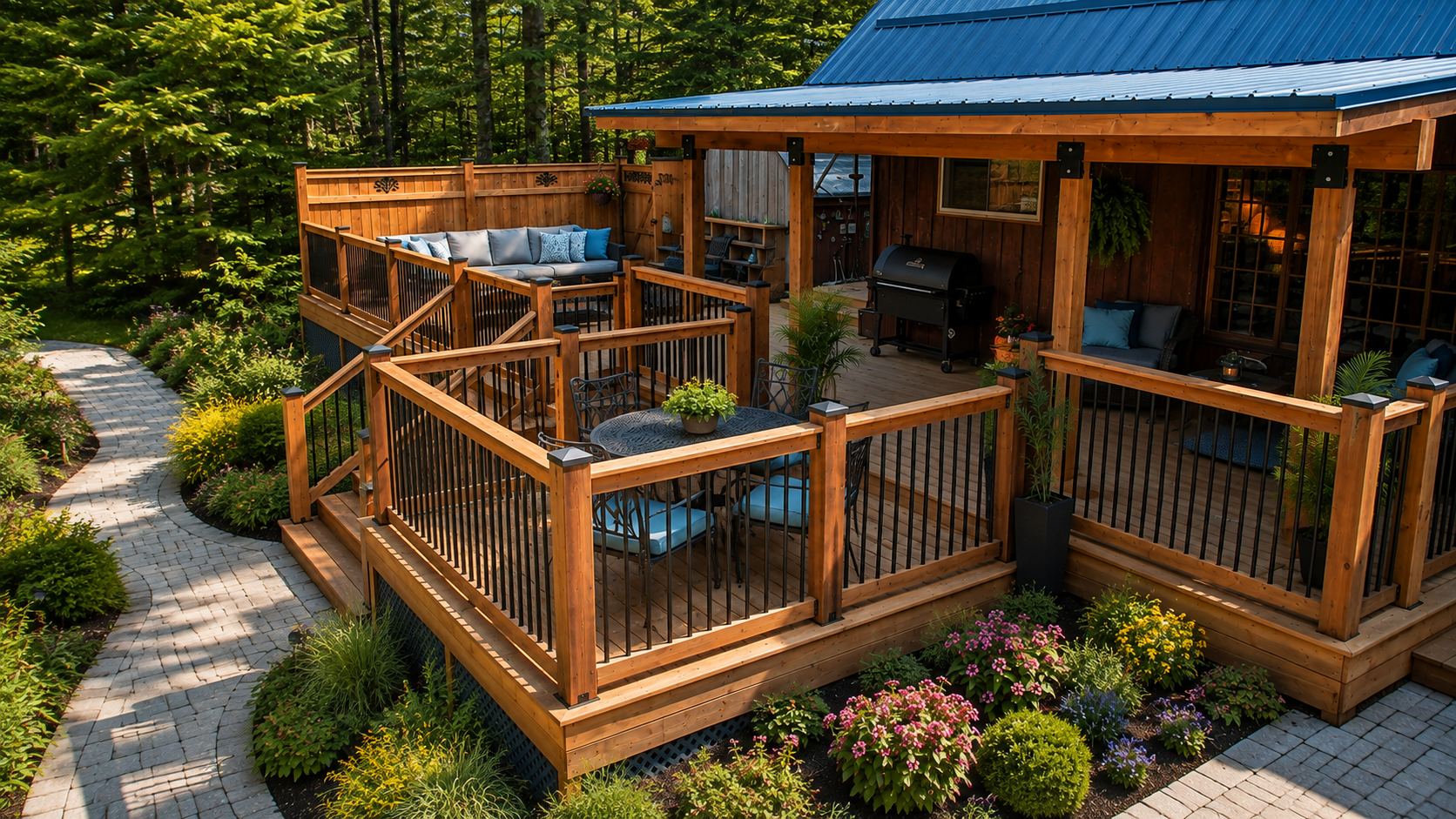 Cedar deck with railings and stairs on a Kawartha Lakes home, checked for repairs before winter